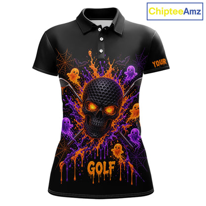 Personalized Spooky Halloween Women Golf Polo Shirt, Orange Purple Skull Dripping Slime Apparel NHT1435