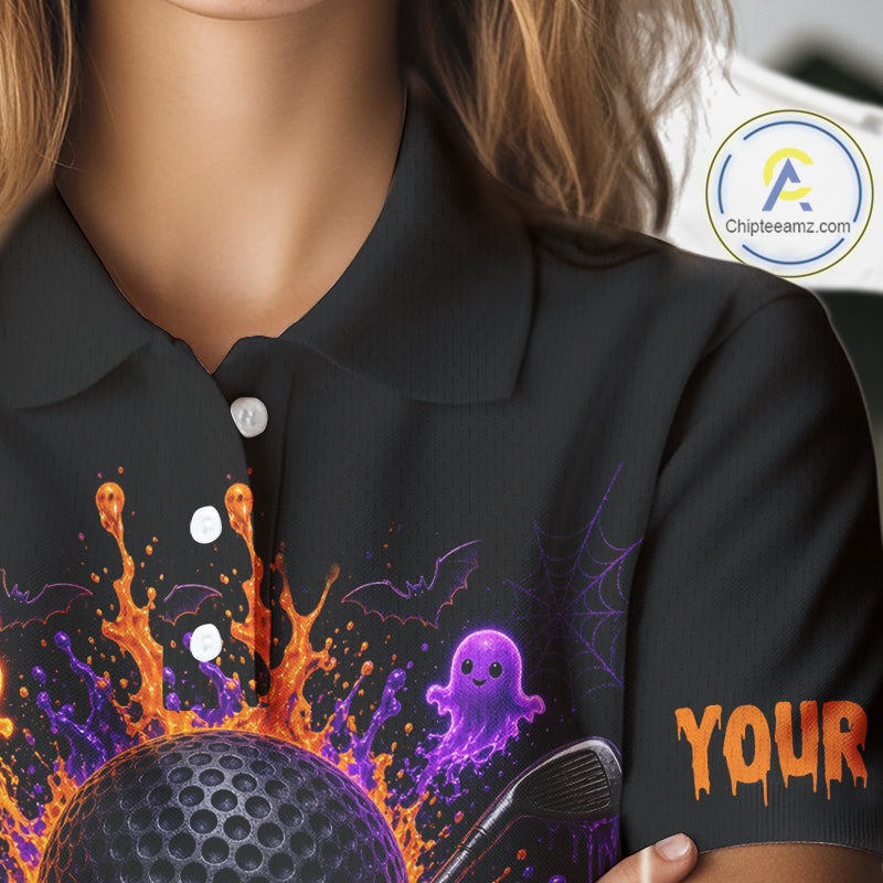Personalized Spooky Halloween Women Golf Polo Shirt, Orange Purple Skull Dripping Slime Apparel NHT1435