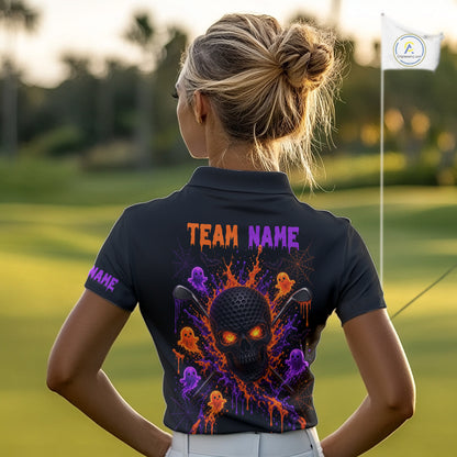 Personalized Spooky Halloween Women Golf Polo Shirt, Orange Purple Skull Dripping Slime Apparel NHT1435
