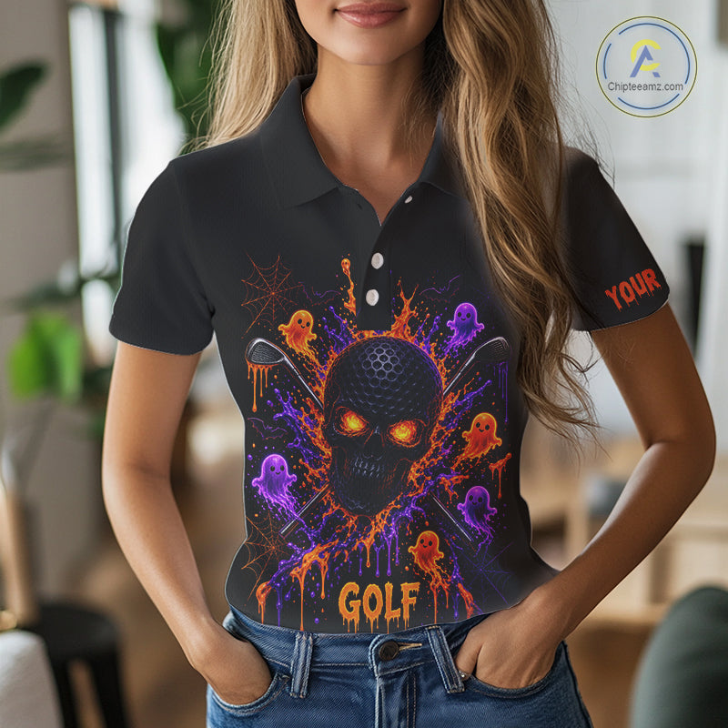 Personalized Spooky Halloween Women Golf Polo Shirt, Orange Purple Skull Dripping Slime Apparel NHT1435