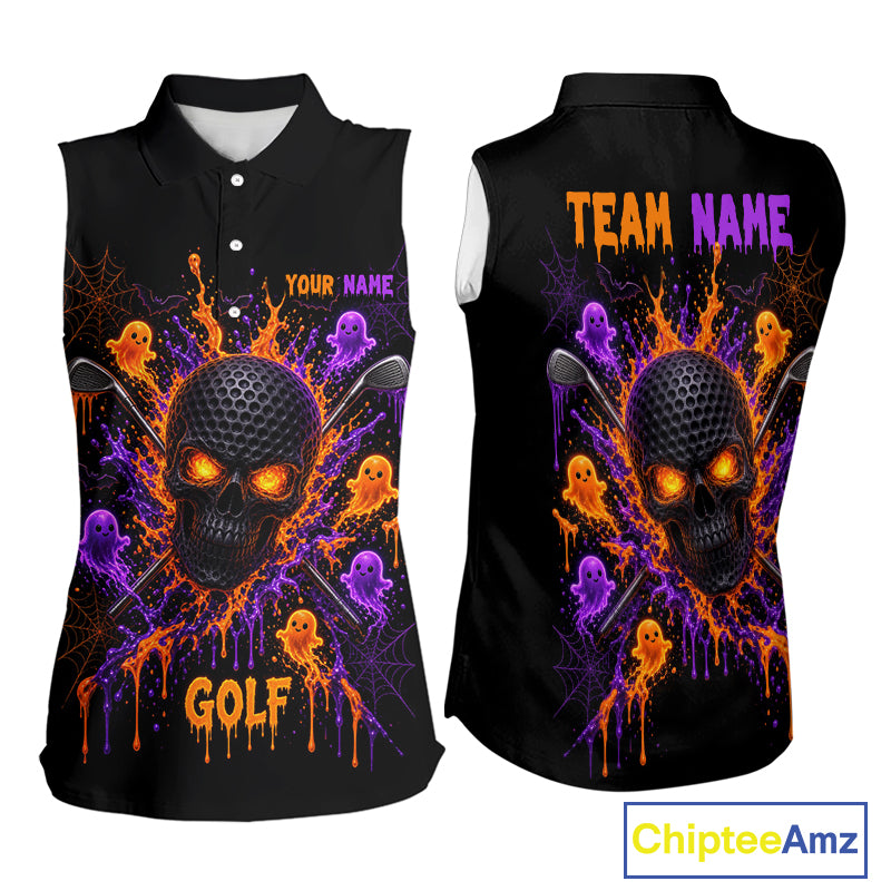 Personalized Spooky Halloween Women Sleeveless Golf Polo Shirt, Orange Purple Skull Dripping Slime Apparel NHT1435