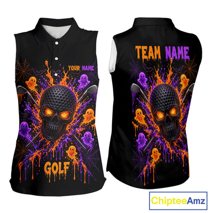Personalized Spooky Halloween Women Sleeveless Golf Polo Shirt, Orange Purple Skull Dripping Slime Apparel NHT1435