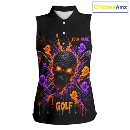 Personalized Spooky Halloween Women Sleeveless Golf Polo Shirt, Orange Purple Skull Dripping Slime Apparel NHT1435