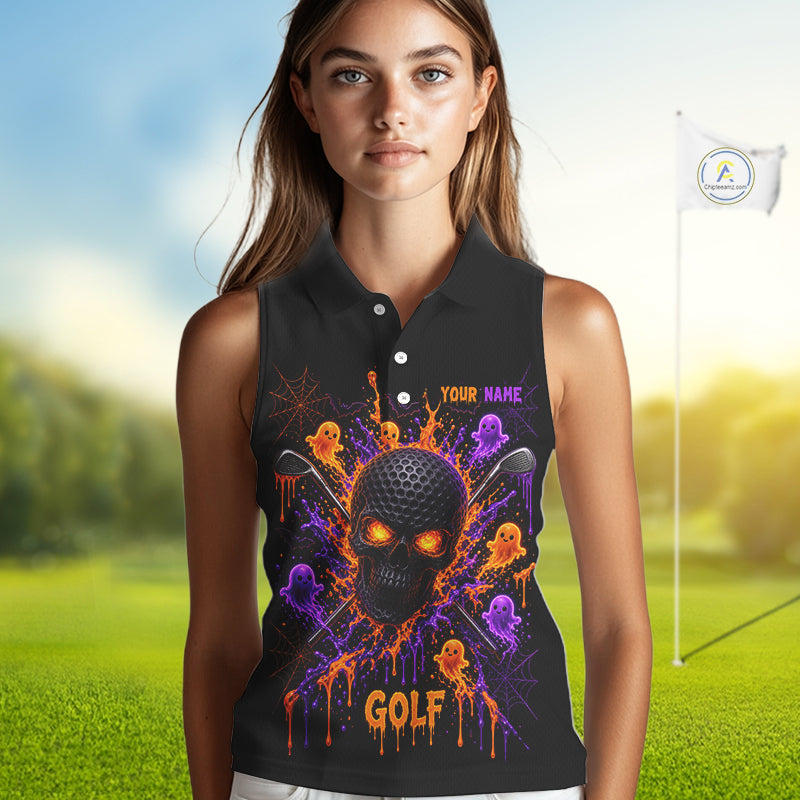 Personalized Spooky Halloween Women Sleeveless Golf Polo Shirt, Orange Purple Skull Dripping Slime Apparel NHT1435