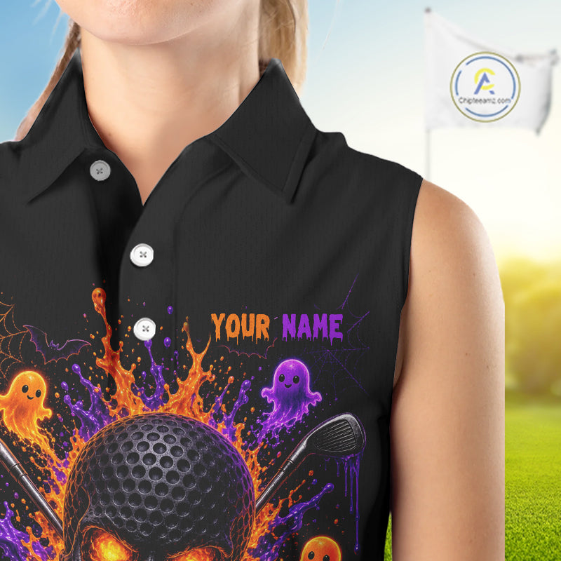 Personalized Spooky Halloween Women Sleeveless Golf Polo Shirt, Orange Purple Skull Dripping Slime Apparel NHT1435