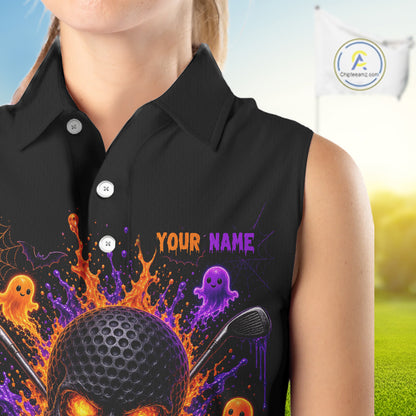 Personalized Spooky Halloween Women Sleeveless Golf Polo Shirt, Orange Purple Skull Dripping Slime Apparel NHT1435