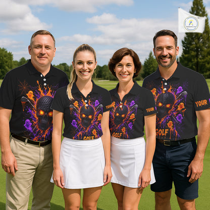 Personalized Spooky Halloween Men Golf Polo Shirt, Orange Purple Skull Dripping Slime Apparel NHT1435