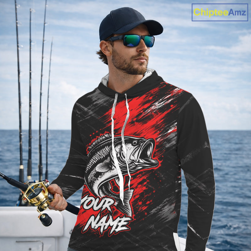 Hooded Personalized Red Bass Fishing Jersey, Largemouth Bass Shirt, Custom Name Fishing Team Shirt NHT1592