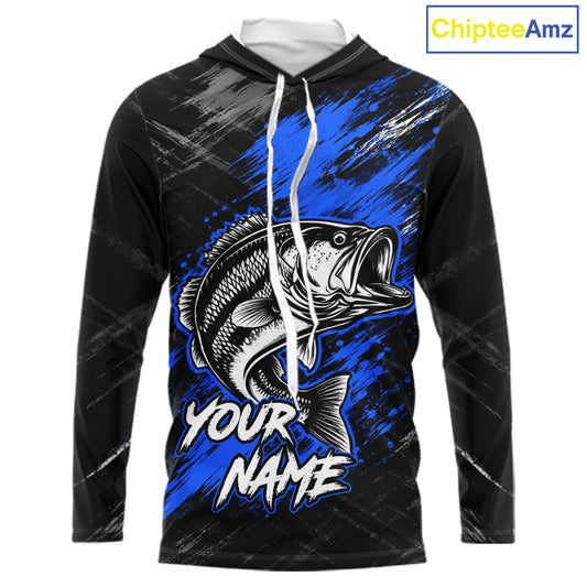 Hooded Personalized Blue Bass Fishing Jersey, Largemouth Bass Shirt, Custom Name Fishing Team Shirt NHT1594