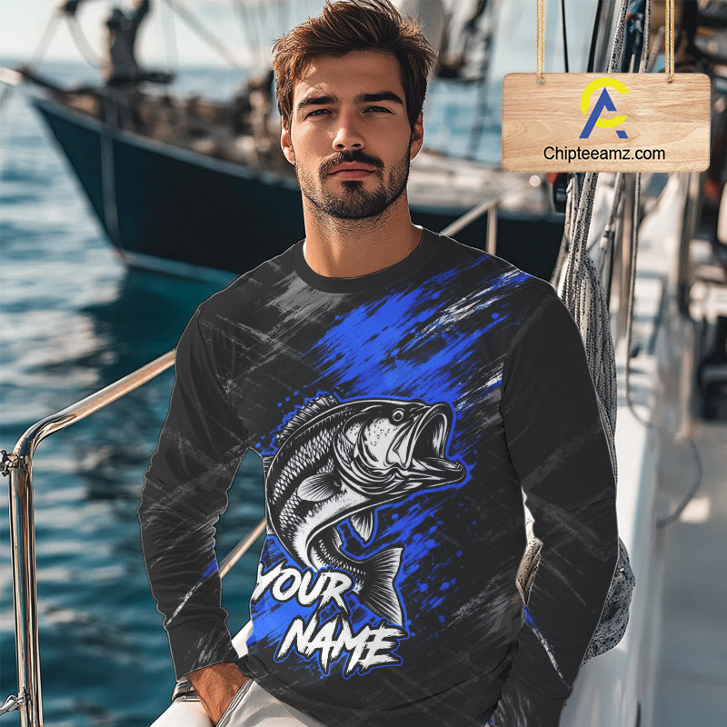 Personalized Blue Bass Fishing Jersey, Largemouth Bass Shirt, Custom Name Fishing Team Shirt NHT1594