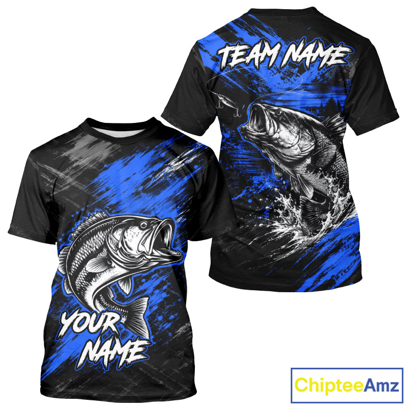 Personalized Blue Bass Fishing Jersey, Largemouth Bass Shirt Short Sleeve, Custom Name Fishing Team Shirt NHT1594