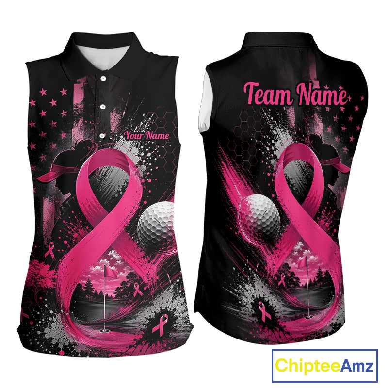 Front and back views of a sleeveless black polo shirt with a pink breast cancer awareness design, featuring a large pink ribbon, golf ball, stars, and 'Team Name' and 'Your Name' customizable text.