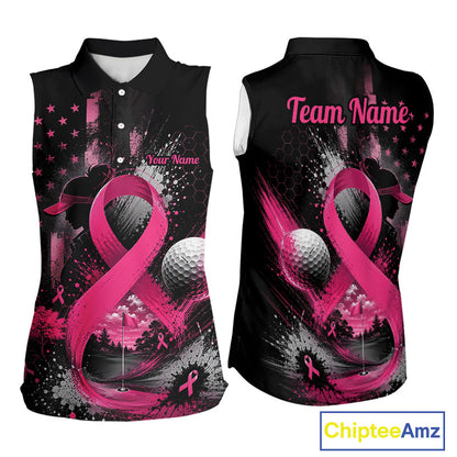Front and back views of a sleeveless black polo shirt with a pink breast cancer awareness design, featuring a large pink ribbon, golf ball, stars, and 'Team Name' and 'Your Name' customizable text.