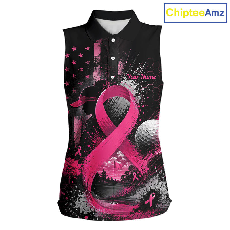 A sleeveless polo shirt with a black base and a pink and gray graphic design featuring a golf ball, putting green, stars, and pink awareness ribbons. The shirt has a white collar and buttons, and a 'Your Name' placeholder on the chest.