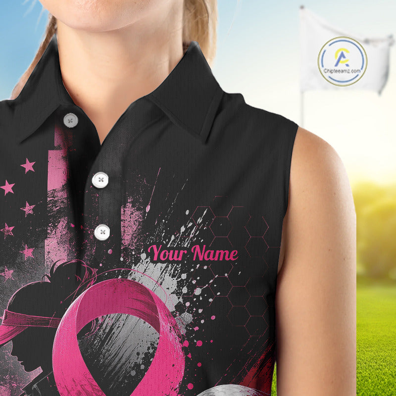 A sleeveless black polo shirt with a pink and gray graphic design, featuring a pink ribbon motif, stars, and the text 'Your Name' on the chest. The shirt is modeled on a person, with a golf course background and a logo watermark in the top right corner.