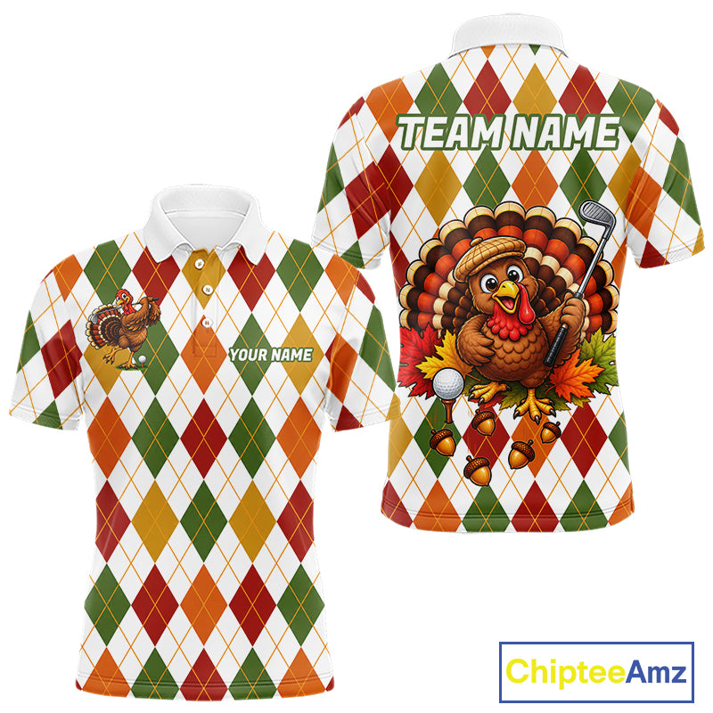 Turkey Men Golf Shirt Thanksgiving Argyle Golf Shirt, Custom Name Team Golf Top For Men NHT1442