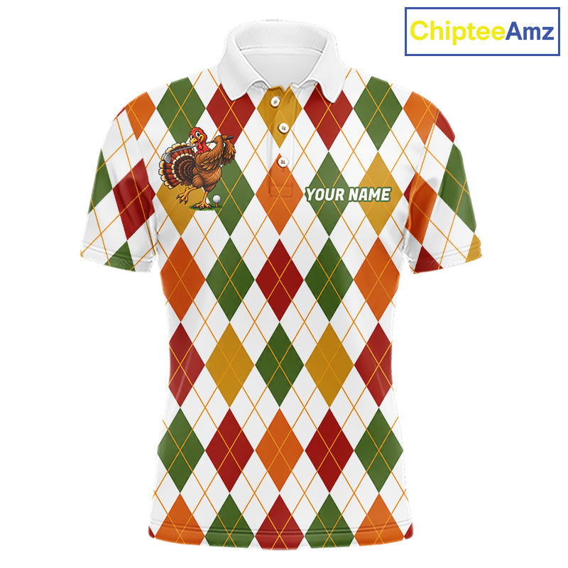 Turkey Men Golf Shirt Thanksgiving Argyle Golf Shirt, Custom Name Team Golf Top For Men NHT1442