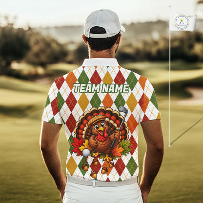 Turkey Men Golf Shirt Thanksgiving Argyle Golf Shirt, Custom Name Team Golf Top For Men NHT1442
