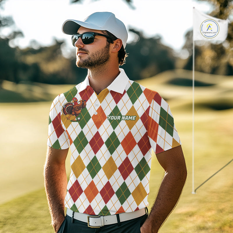 Turkey Men Golf Shirt Thanksgiving Argyle Golf Shirt, Custom Name Team Golf Top For Men NHT1442