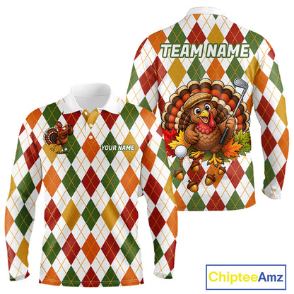 Turkey Men Golf Shirt Thanksgiving Argyle Golf Shirt, Custom Name Team Golf Top For Men NHT1442