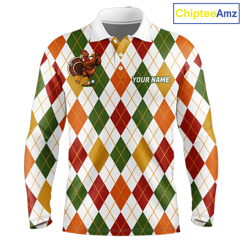 Turkey Men Golf Shirt Thanksgiving Argyle Golf Shirt, Custom Name Team Golf Top For Men NHT1442