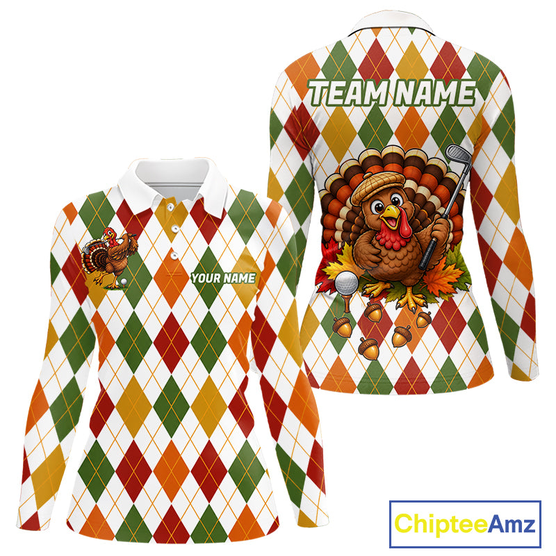 Turkey Women Golf Shirt Thanksgiving Argyle Golf Shirt, Custom Name Team Golf Top For Women NHT1442
