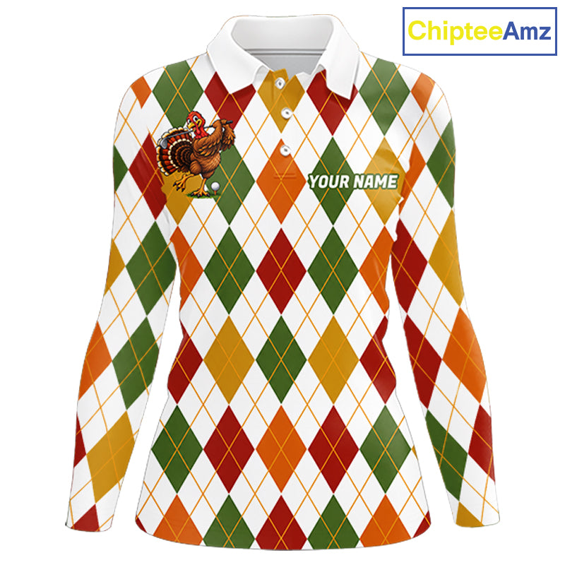 Turkey Women Golf Shirt Thanksgiving Argyle Golf Shirt, Custom Name Team Golf Top For Women NHT1442