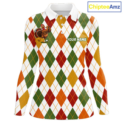 Turkey Women Golf Shirt Thanksgiving Argyle Golf Shirt, Custom Name Team Golf Top For Women NHT1442