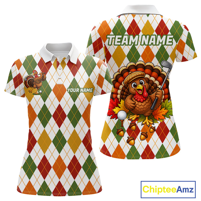 Turkey Women Golf Shirt Thanksgiving Argyle Golf Shirt, Custom Name Team Golf Top For Women NHT1442