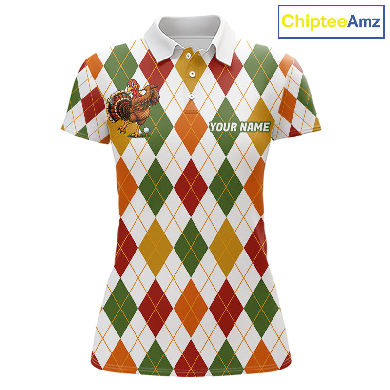 Turkey Women Golf Shirt Thanksgiving Argyle Golf Shirt, Custom Name Team Golf Top For Women NHT1442
