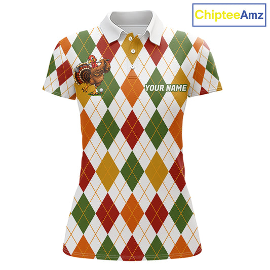 Turkey Women Golf Shirt Thanksgiving Argyle Golf Shirt, Custom Name Team Golf Top For Women NHT1442