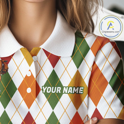 Turkey Women Golf Shirt Thanksgiving Argyle Golf Shirt, Custom Name Team Golf Top For Women NHT1442