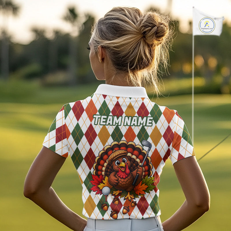 Turkey Women Golf Shirt Thanksgiving Argyle Golf Shirt, Custom Name Team Golf Top For Women NHT1442