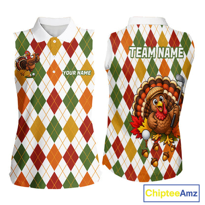 Turkey Women Sleeveless Golf Shirt Thanksgiving Argyle Golf Shirt, Custom Name Team Golf Top For Women NHT1442