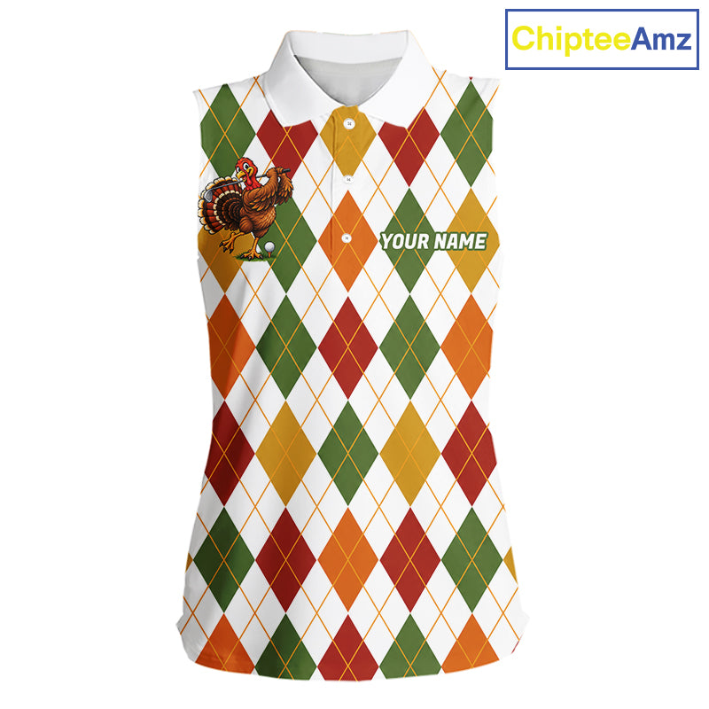 Turkey Women Sleeveless Golf Shirt Thanksgiving Argyle Golf Shirt, Custom Name Team Golf Top For Women NHT1442
