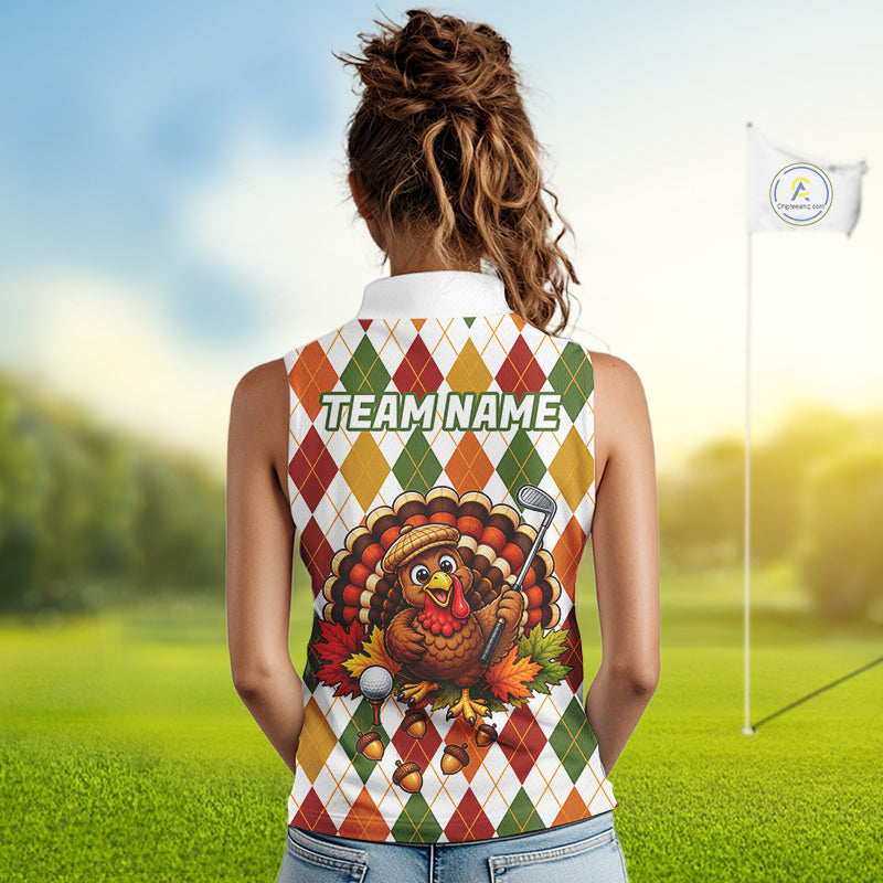 Turkey Women Sleeveless Golf Shirt Thanksgiving Argyle Golf Shirt, Custom Name Team Golf Top For Women NHT1442