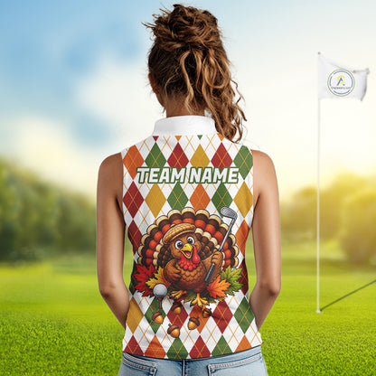 Turkey Women Sleeveless Golf Shirt Thanksgiving Argyle Golf Shirt, Custom Name Team Golf Top For Women NHT1442