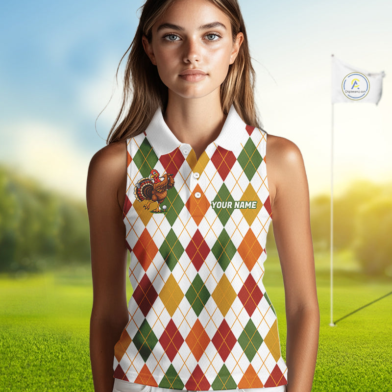 Turkey Women Sleeveless Golf Shirt Thanksgiving Argyle Golf Shirt, Custom Name Team Golf Top For Women NHT1442