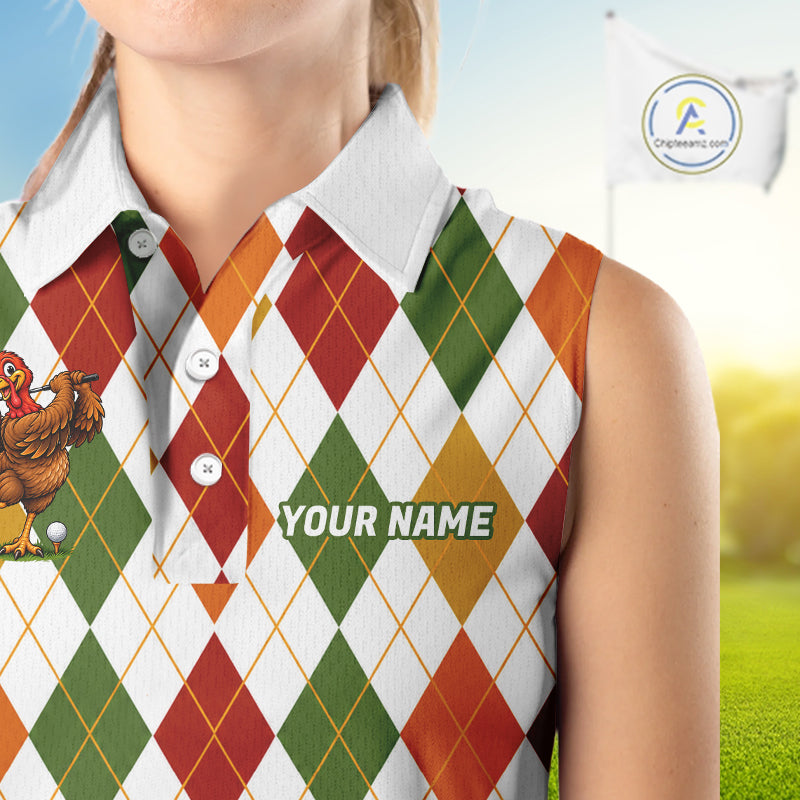 Turkey Women Sleeveless Golf Shirt Thanksgiving Argyle Golf Shirt, Custom Name Team Golf Top For Women NHT1442
