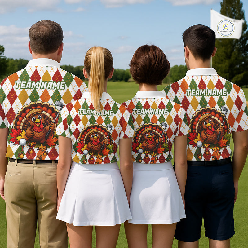 Turkey Women Golf Shirt Thanksgiving Argyle Golf Shirt, Custom Name Team Golf Top For Women NHT1442