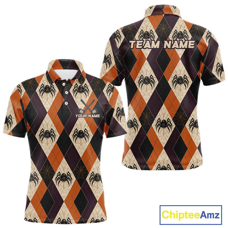 Front and back views of a short-sleeve polo shirt featuring a Halloween-themed argyle pattern with black spiders on a beige, orange, and dark purple background. The front has a button placket and a chest graphic reading 'YOUR NAME', while the back displays 'TEAM NAME' above a matching spider motif.