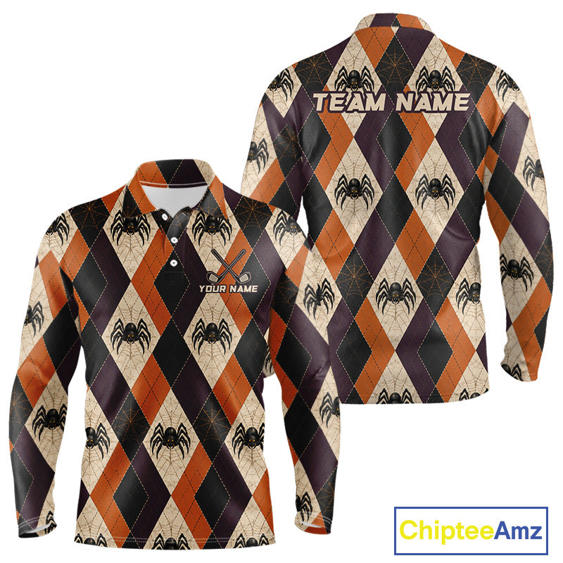 Front and back views of a long-sleeve collared shirt with an argyle pattern in orange, black, and beige, featuring spider motifs and customizable text placeholders, shown on a white background with a ChipteeAmz logo in the corner.