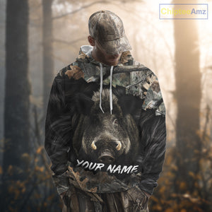 Wild Boar Hunting Black Camouflage Forest 3D Shirt For Hunting Season, Gift For Hunters NHT178