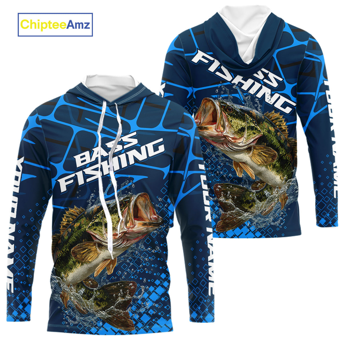 Largemouth Bass Fishing, Fishing Shirts Long Sleeve Hooded, Fishing Gift  | Blue NHT385