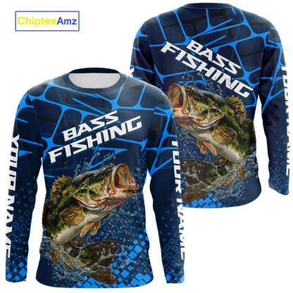 Largemouth Bass Fishing, Fishing Shirts Long Sleeve, Fishing Gift  | Blue NHT385