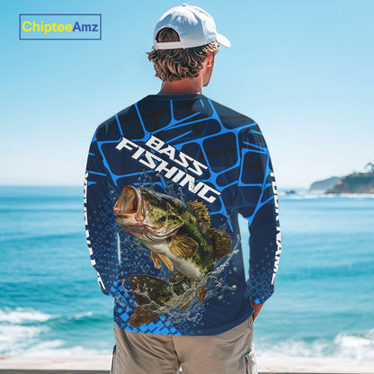 Largemouth Bass Fishing, Fishing Shirts Long Sleeve, Fishing Gift  | Blue NHT385