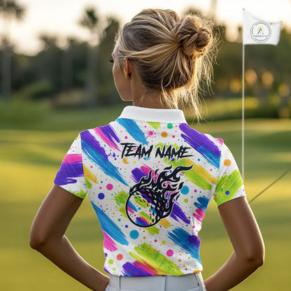 Personalized Colorful Paint Stroke Womens Golf Polo Shirt Flaming Golf Ball Custom Best Team Golf Shirts NHT624