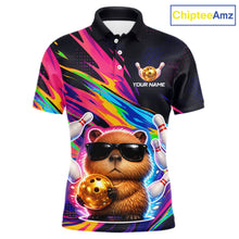 Load image into Gallery viewer, Funny Capybara Bowling Team Polo Shirt, 1/4 Zip For Men Custom Name Neon Color Bowling Jersey 