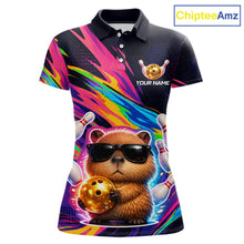 Load image into Gallery viewer, Funny Capybara Bowling Team Polo Shirt, 1/4 Zip For Women Custom Name Neon Color Bowling Jersey 