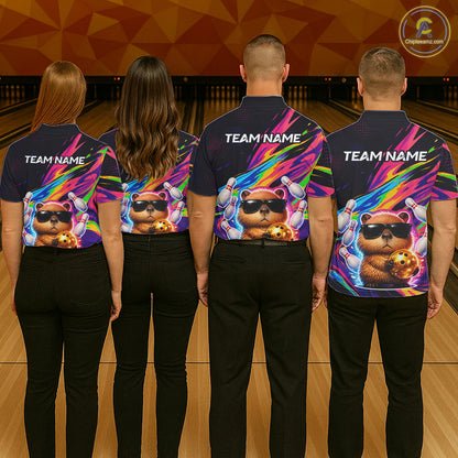 Funny Capybara Bowling Team Polo Shirt, 1/4 Zip For Men Custom Name Neon Color Bowling Jersey NHT1157